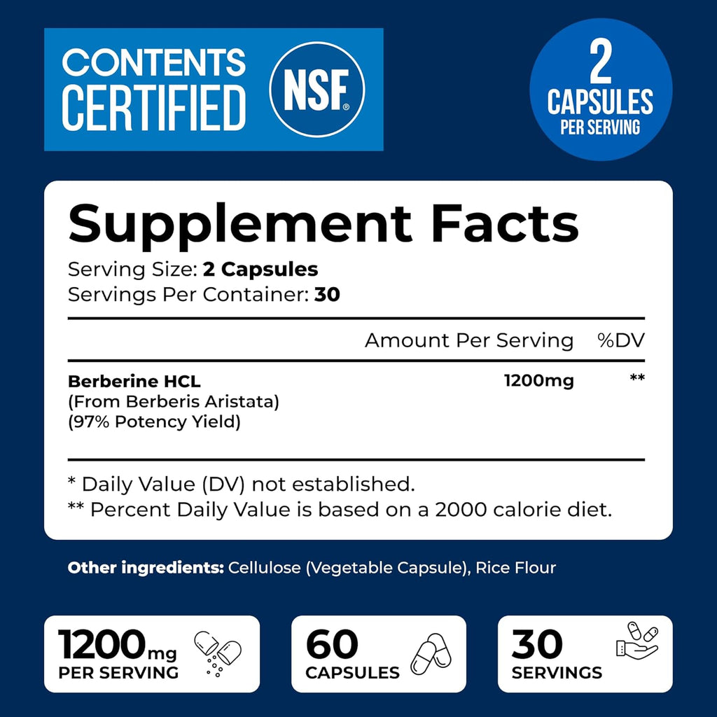 Berberine HCL 1200mg, 60 Cápsulas Vegetarianas - Certificado NSF - WeLikeVitamins