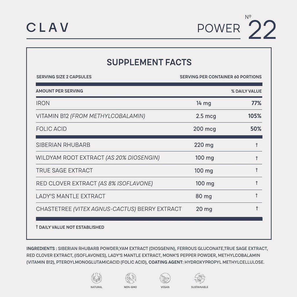 CLAV® Equilibrio Hormonal Natural para Mujeres - Con Ruibarbo Siberiano, Ñame Salvaje y Vitex - Suplemento Vegano para el Ciclo Menstrual - 120 Cápsulas