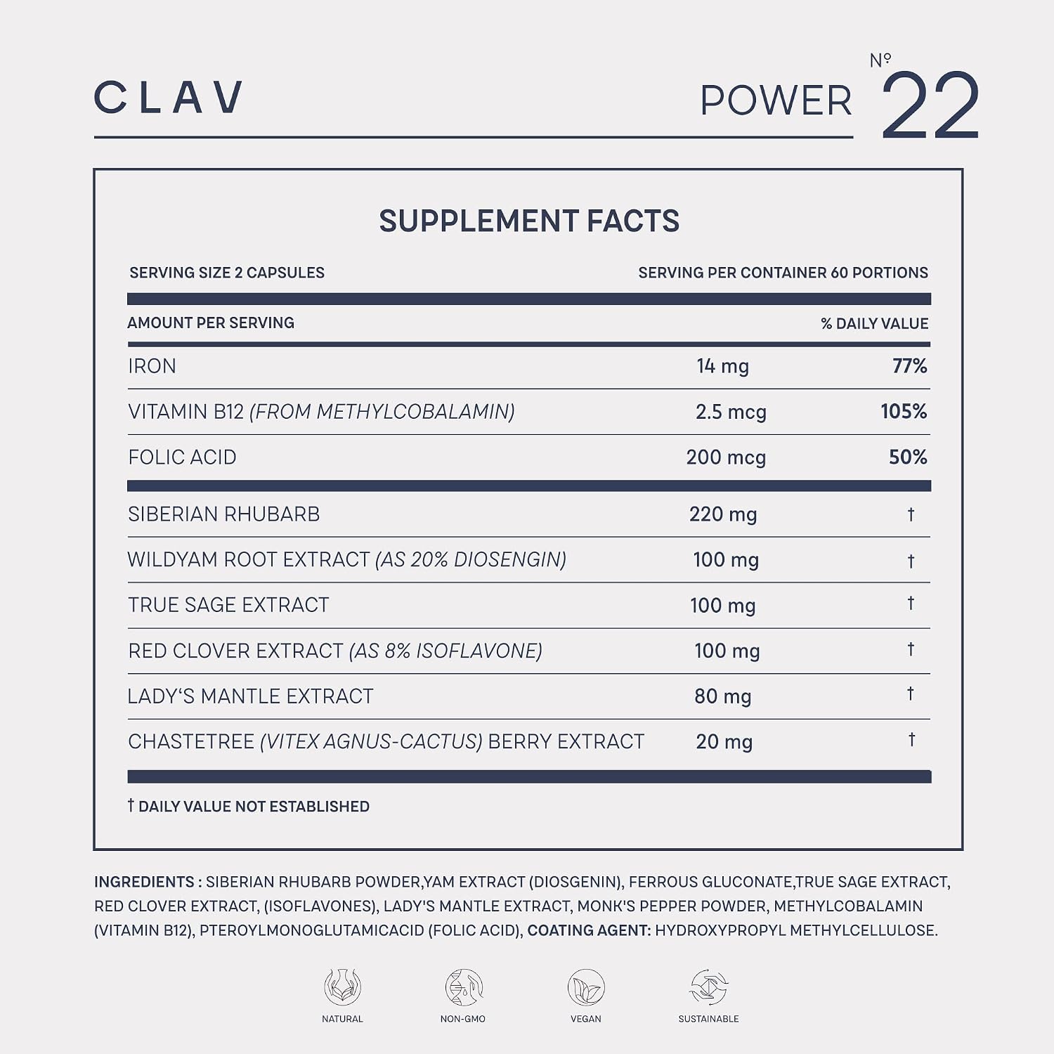 CLAV® Equilibrio Hormonal Natural para Mujeres - Con Ruibarbo Siberiano, Ñame Salvaje y Vitex - Suplemento Vegano para el Ciclo Menstrual - 120 Cápsulas