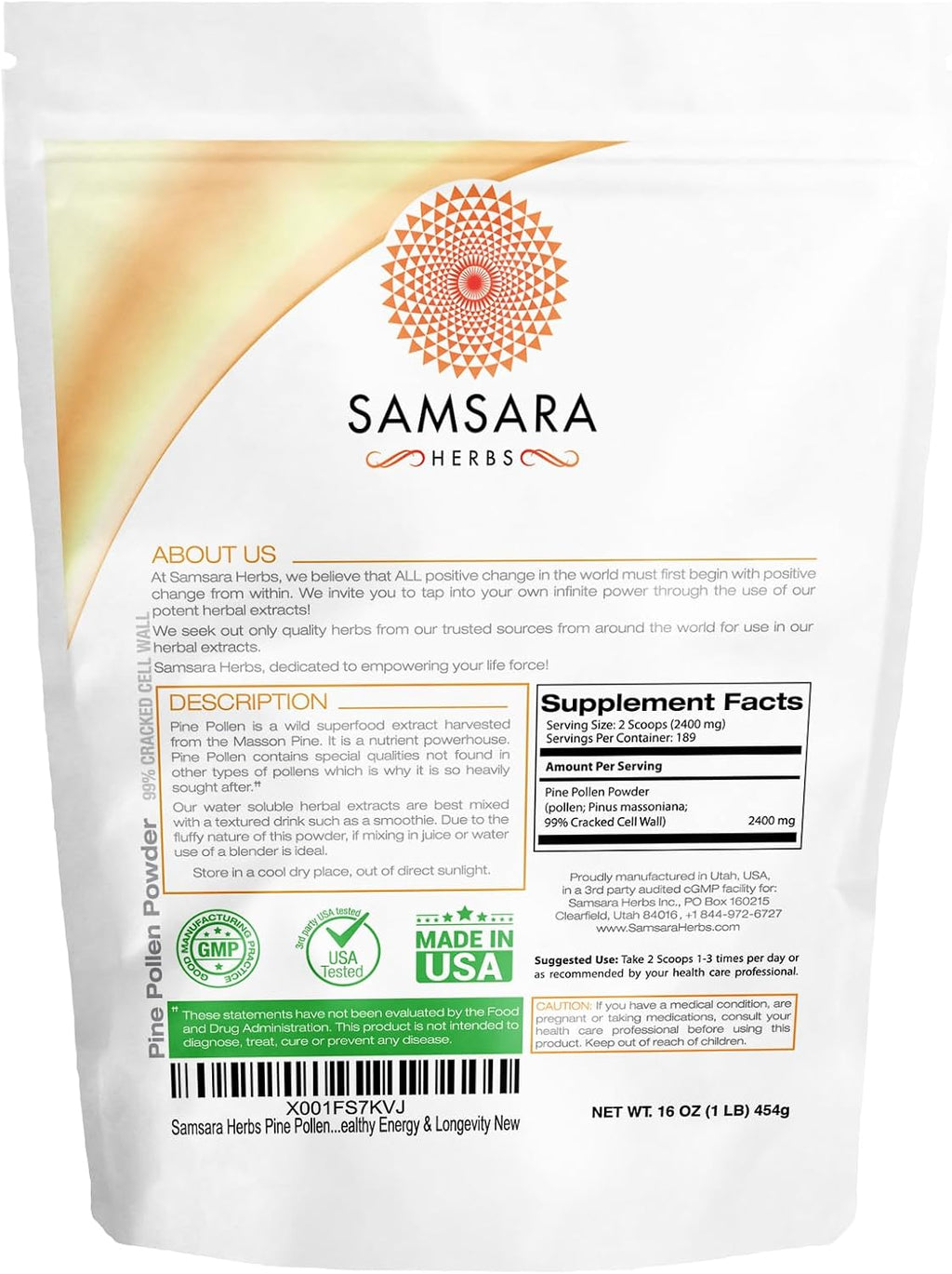 Samsara Herbs Polvo de Polen de Pino Silvestre - 99% Pared Celular Rota (454g)