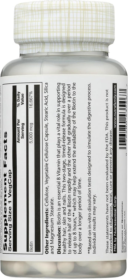 Solaray Biotina 5000 mcg - Liberación – La biotina contribuye al mantenimiento del cabello en condiciones normales. – Image 3