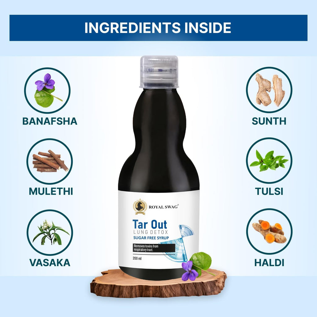 ROYAL SWAG Jarabe Ayurvédico de Desintoxicación Pulmonar 200 ml | Complemento Herbal con Tulsi, Mulethi, Vasava, Pippali y Cúrcuma | Sin Azúcar