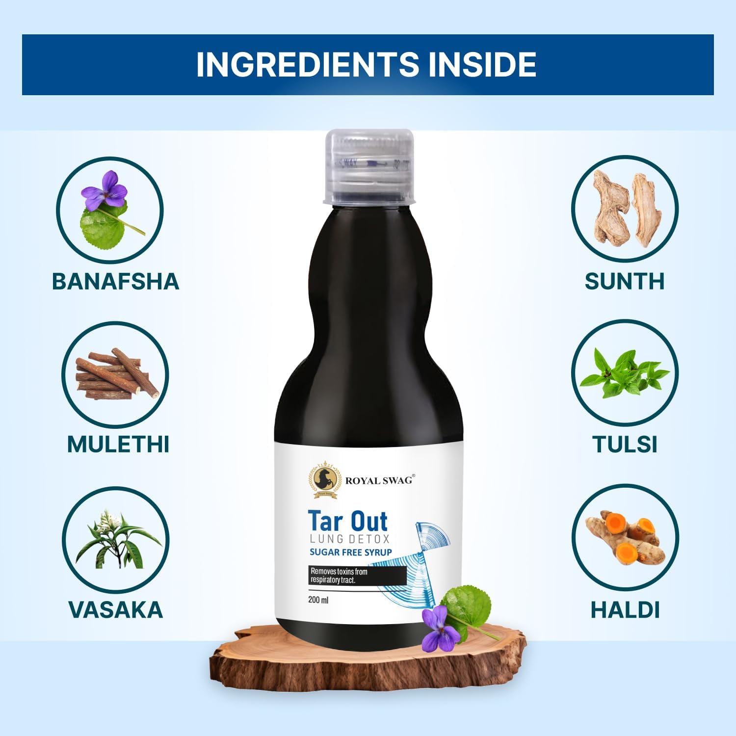 ROYAL SWAG Jarabe Ayurvédico de Desintoxicación Pulmonar 200 ml | Complemento Herbal con Tulsi, Mulethi, Vasava, Pippali y Cúrcuma | Sin Azúcar
