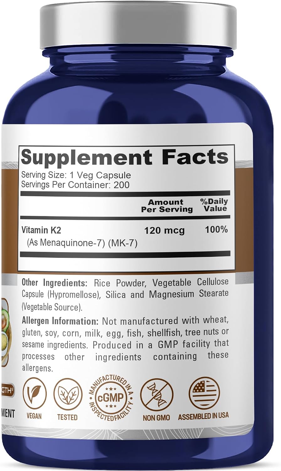 NusaPure Vitamina K2 MK7 120 mcg – 200 Cápsulas Vegetales (Sin Soja, No OGM, Vegano)