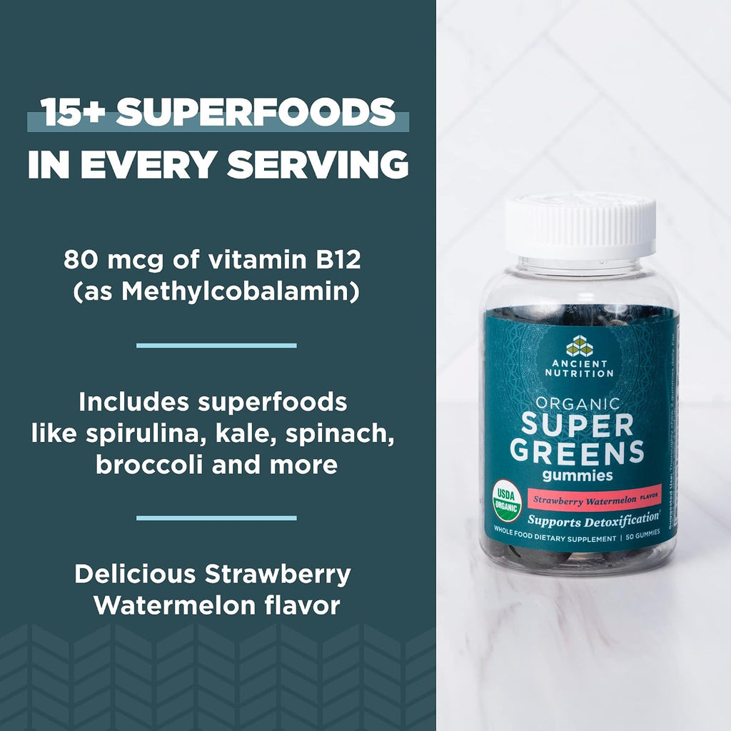 Ancient Nutrition Supergreens Gummy - Gominola Orgánica de Superalimentos con Frutas, Verduras y Hierbas Reales, 100 unidades, Sabor Fresa Sandía