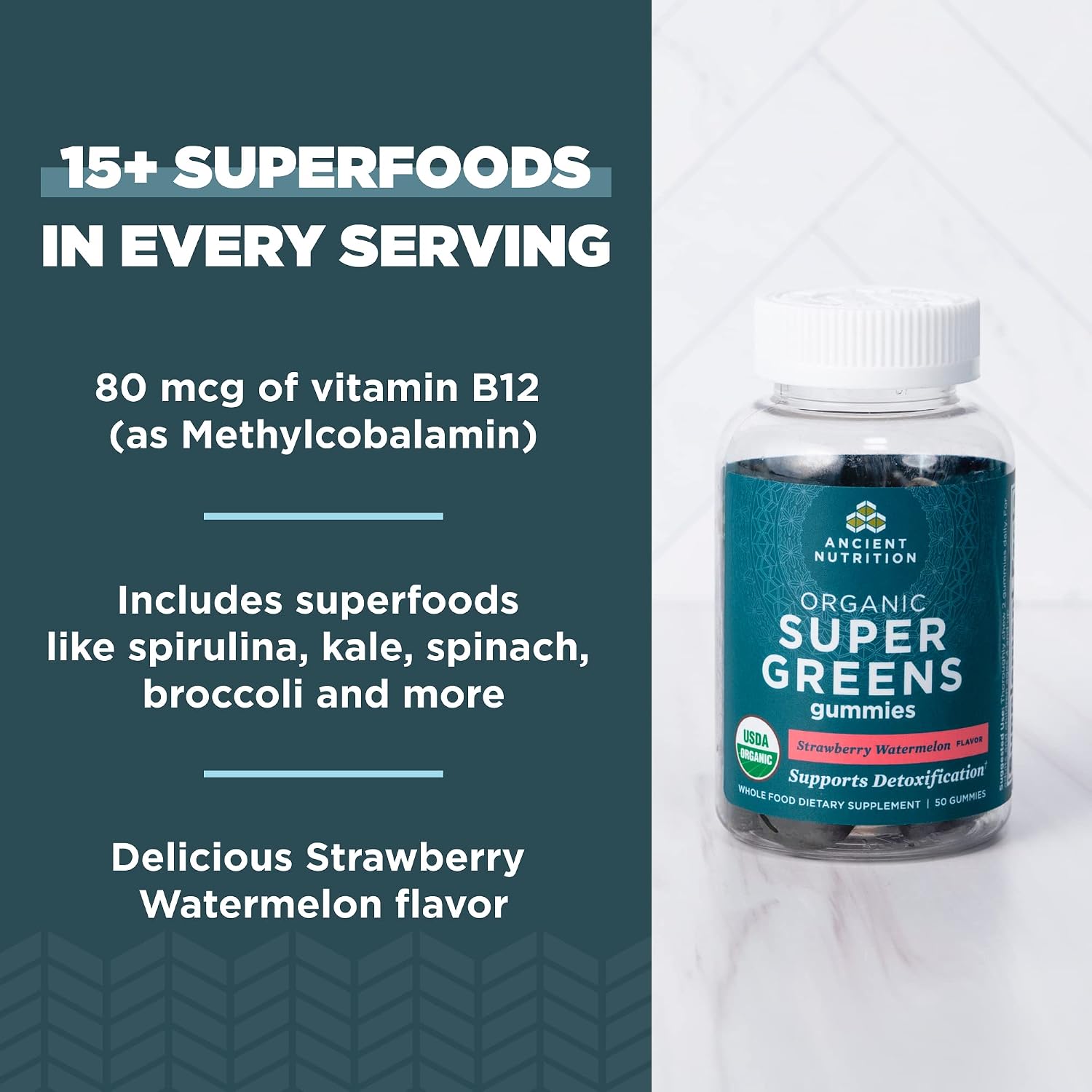 Ancient Nutrition Supergreens Gummy - Gominola Orgánica de Superalimentos con Frutas, Verduras y Hierbas Reales, 100 unidades, Sabor Fresa Sandía