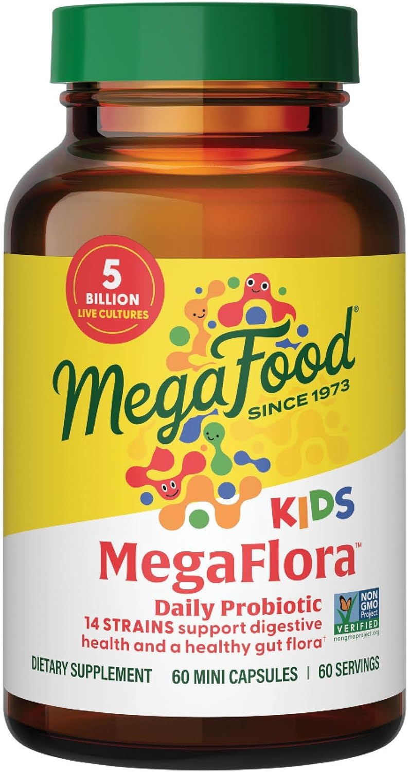 MegaFood MegaFlora Kids Probiotics - 5 Mil Millones de UFC - Sin OGM, Vegetariano, Sin 9 Alérgenos - 60 Cápsulas Mini