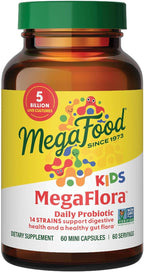 MegaFood MegaFlora Kids Probiotics - 5 Mil Millones de UFC - Sin OGM, Vegetariano, Sin 9 Alérgenos - 60 Cápsulas Mini