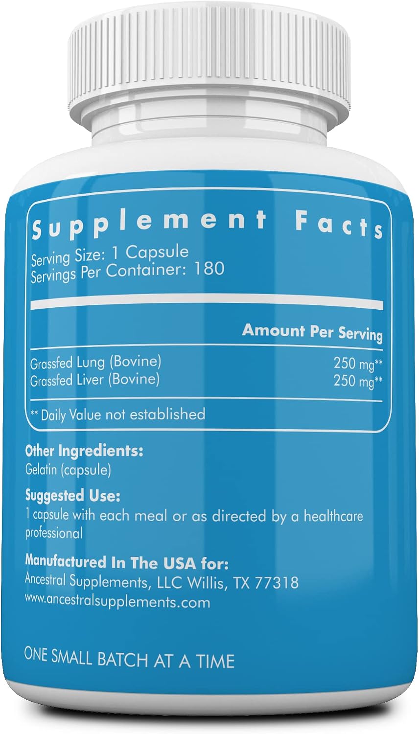 Ancestral Supplements - Suplemento de Pulmón e Hígado de Res Alimentado con Pasto, 500mg, 180 Cápsulas