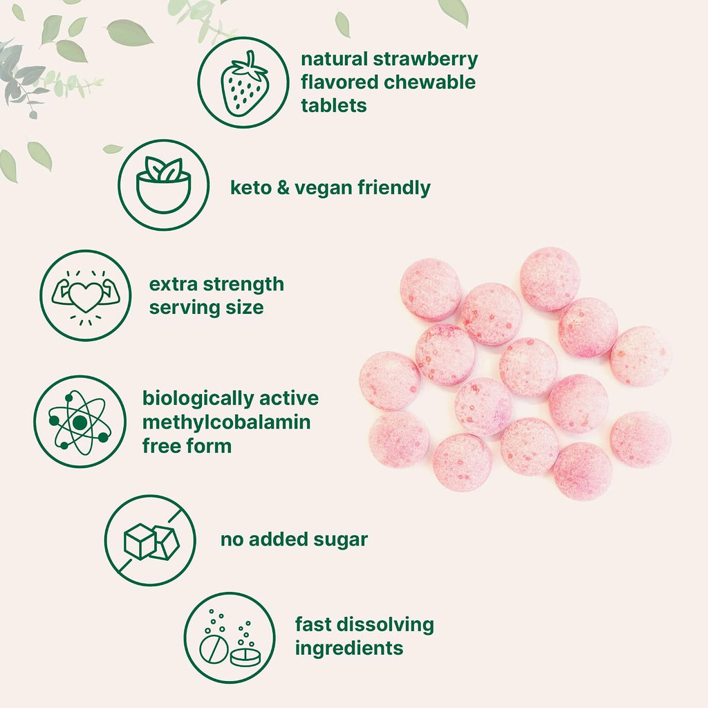 Micro Ingredients Vitamina B12 1000 mcg Metilcobalamina – 365 Comprimidos Masticables Sabor Fresa Natural