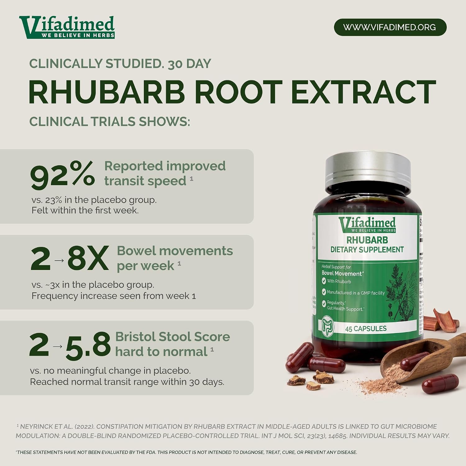 VIFADIMED Ruibarbo, Alivio del Estreñimiento y Activador de la Motilidad Intestinal - 45 Cápsulas