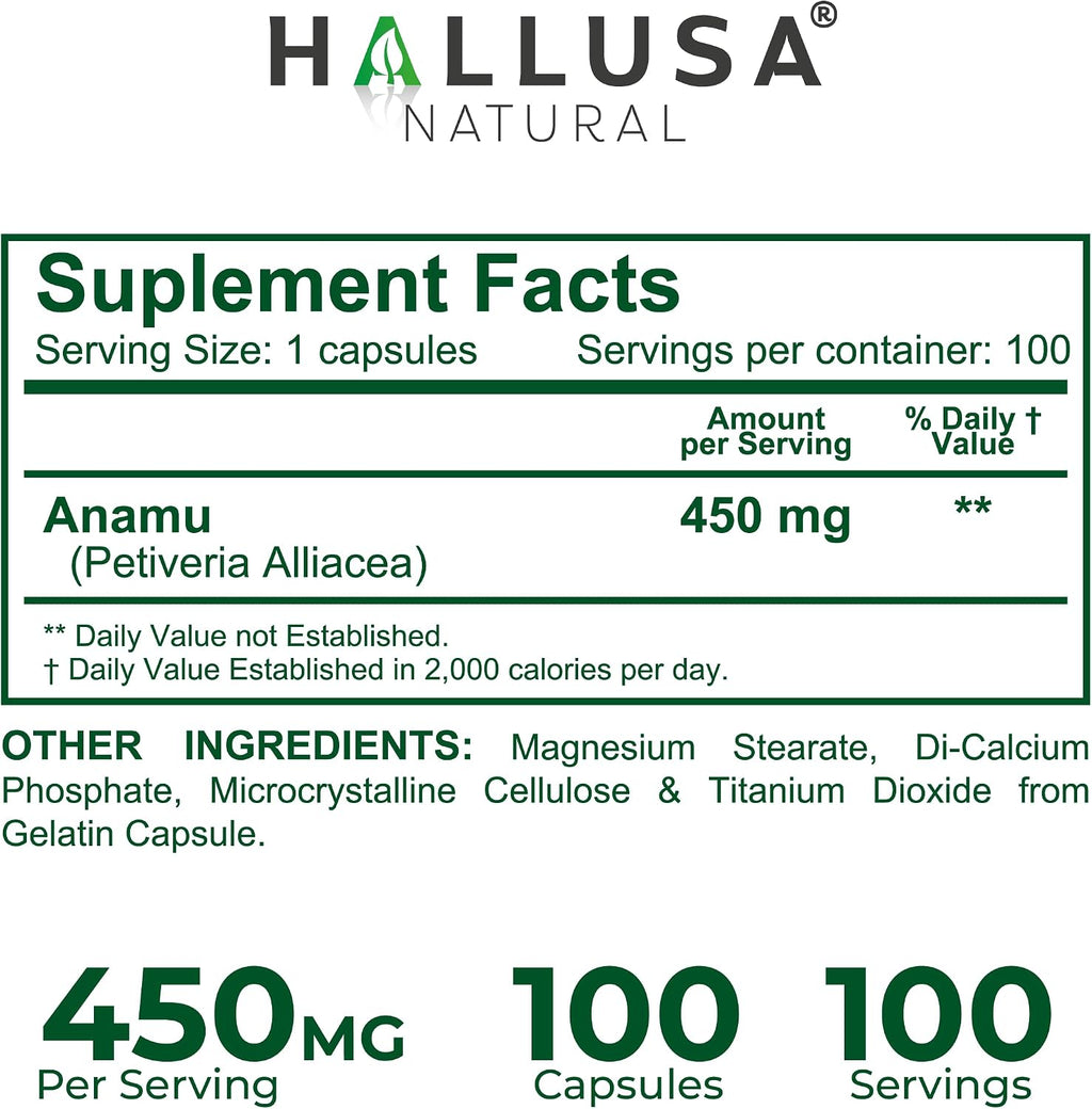 Anamu Orgánico 450 mg - Raíz de Petiveria Alliacea - 100 Cápsulas - Hallusa Natural