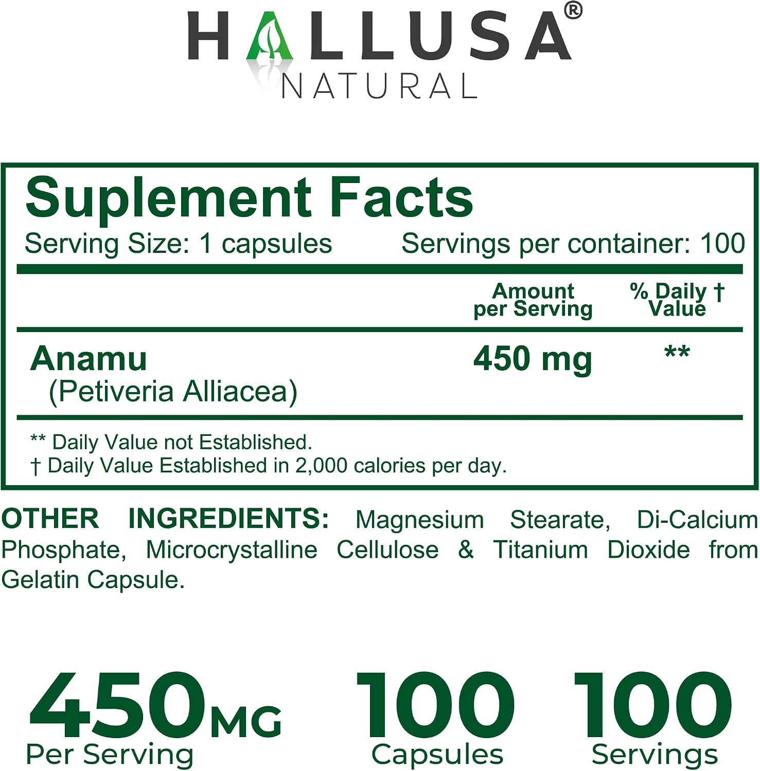 Anamu Orgánico 450 mg - Raíz de Petiveria Alliacea - 100 Cápsulas - Hallusa Natural