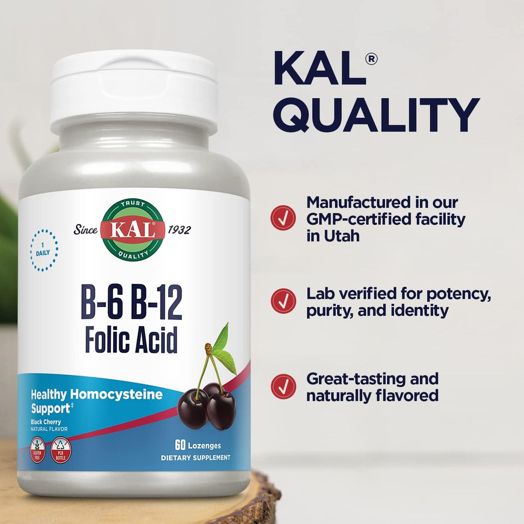 KAL Vitamina B-6 B-12 Ácido Fólico, 60 Pastillas - Metilcobalamina, Folato, Sin Gluten, Sabor Cereza Natural