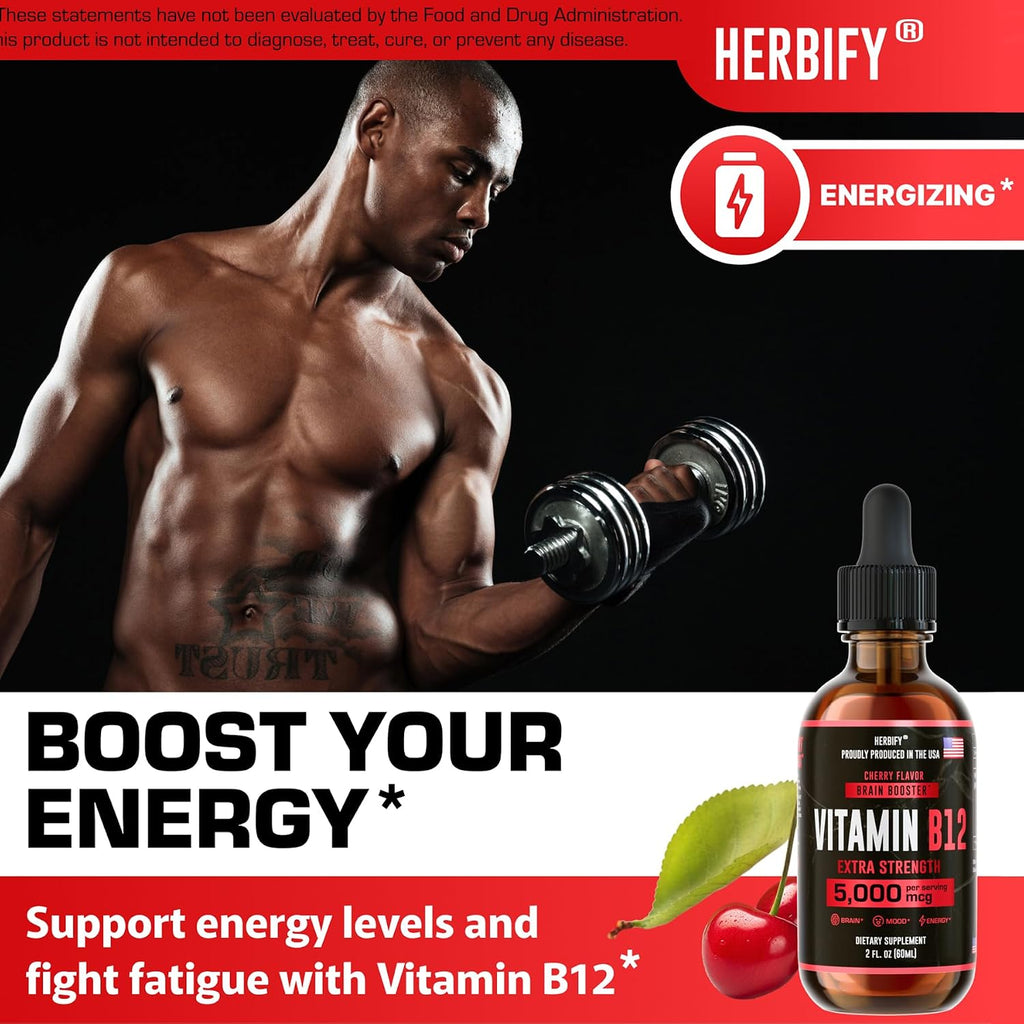 HERBIFY Vitamina B12 Metilada 5000 mcg - Gotas Líquidas de Metilcobalamina - Complejo B - Energía y Sistema Inmunitario - 30 Días - 60 ml
