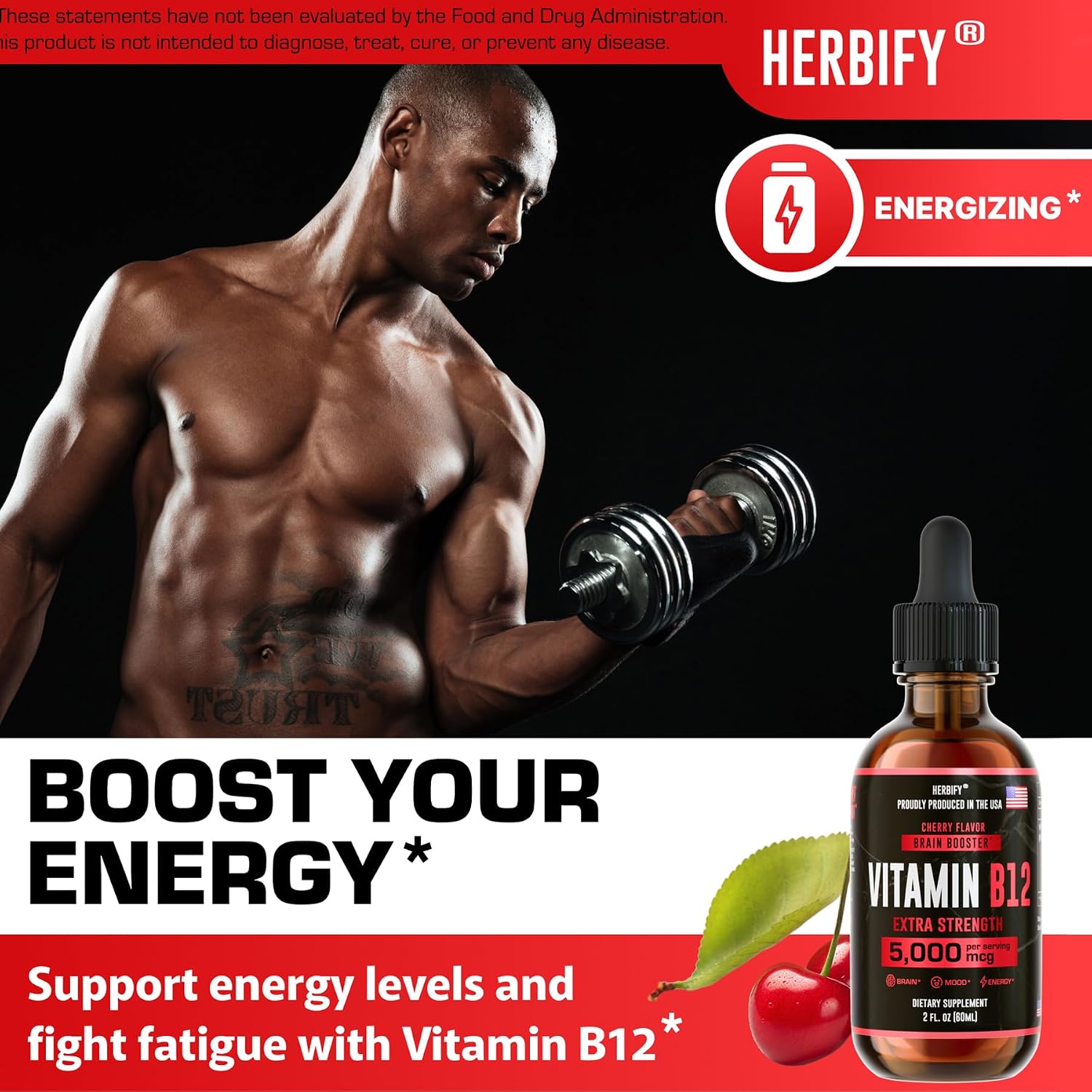 HERBIFY Vitamina B12 Metilada 5000 mcg - Gotas Líquidas de Metilcobalamina - Complejo B - Energía y Sistema Inmunitario - 30 Días - 60 ml