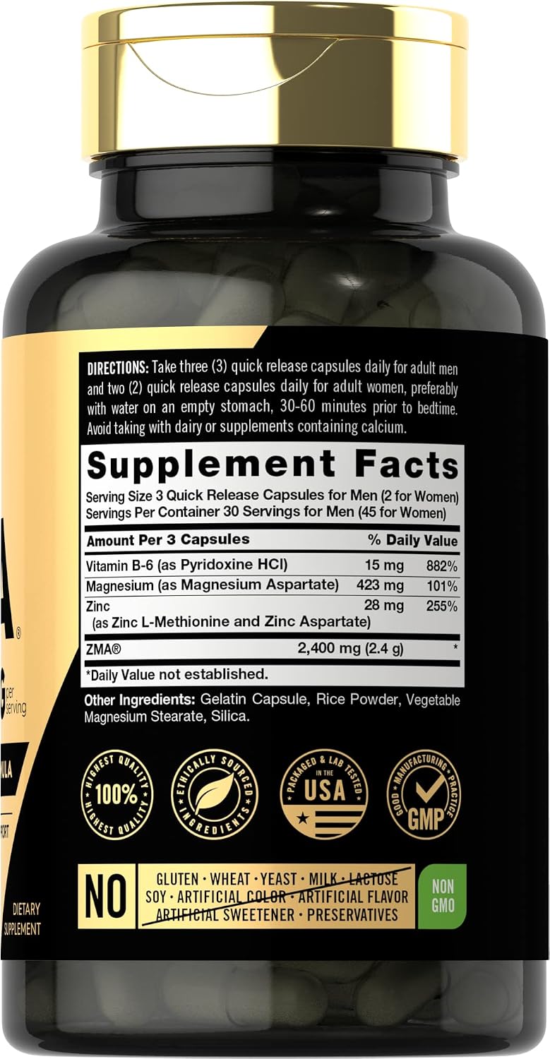 Carlyle ZMA - Suplemento de Zinc, Magnesio y Vitamina B6 | 90 Cápsulas | Sin Gluten y No-GMO