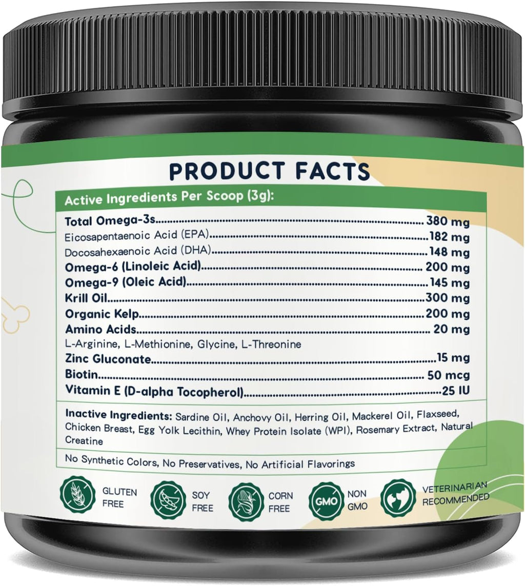 Omega 3 Fish Oil for Dogs, Dog Fish Oil Powder, Wild Caught Fish Oil, EPA&DHA, Krill Oil, Kelp, Dog Skin and Coat Supplement, Anti Itch & Shedding, Support Dry Skin, Joint Health, Dog Allergy Relief