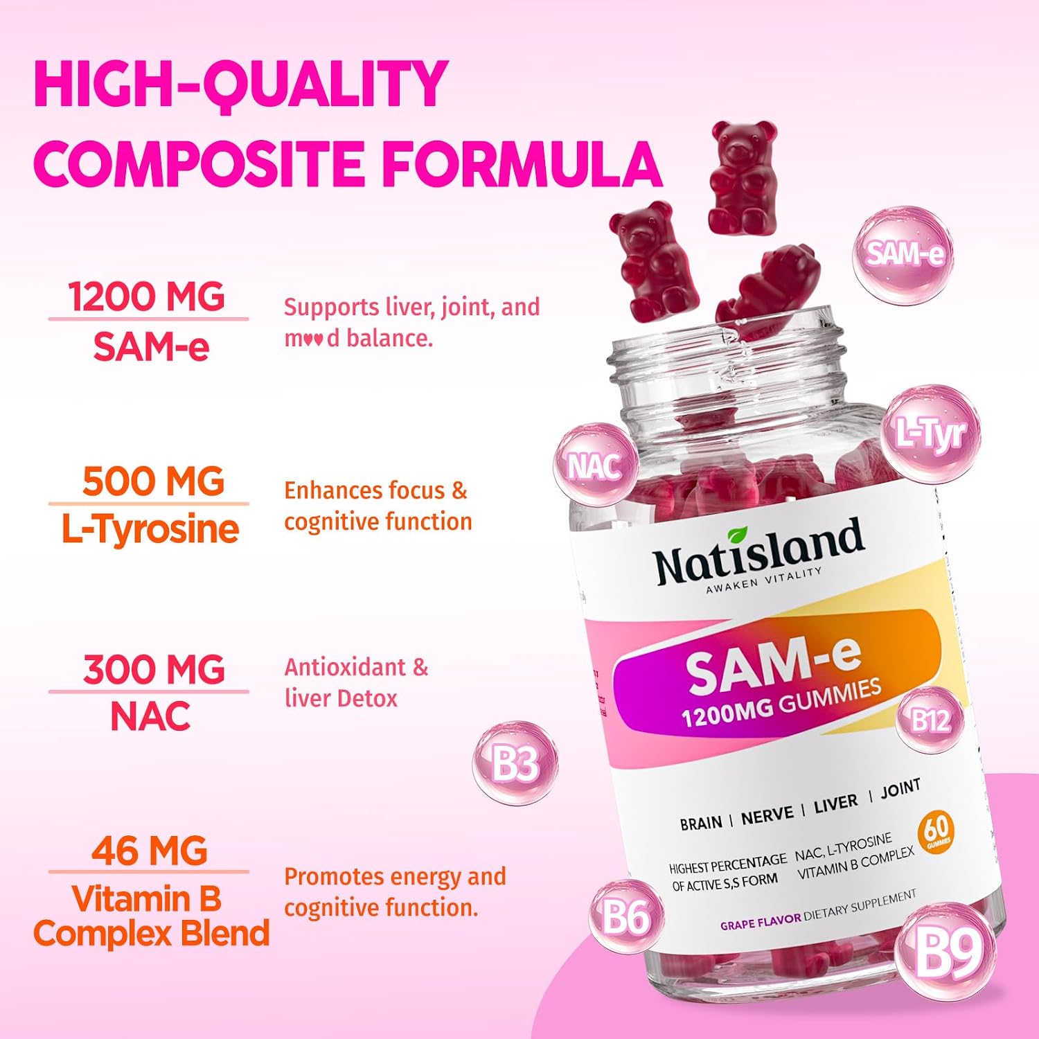 NATISLAND SAM-e con L-Tirosina y Complejo B Metilado Gominolas, 1200mg, 60 unidades