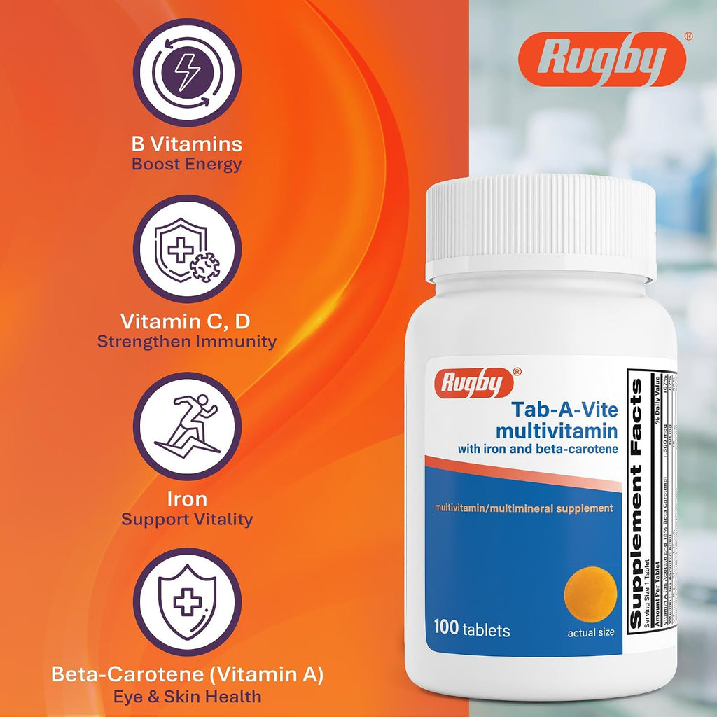 Rugby Tab-A-Vite Multivitamin con Hierro y Betacaroteno - Multivitamínico Diario para Adultos, Apoya la Salud General, Suplemento Multimineral - 100 Comprimidos