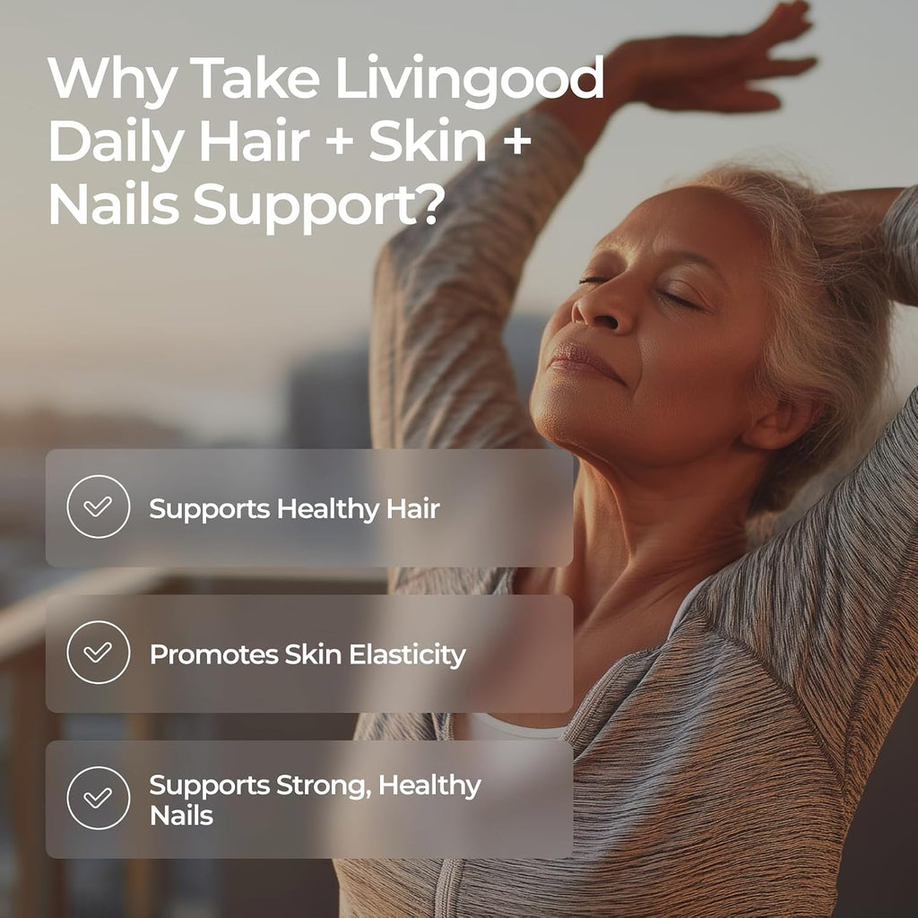 Livingood Daily Hair, Skin & Nails - Suplemento 14 en 1 para Cabello, Piel y Uñas, con Biotina, Colágeno y Queratina, 60 Cápsulas