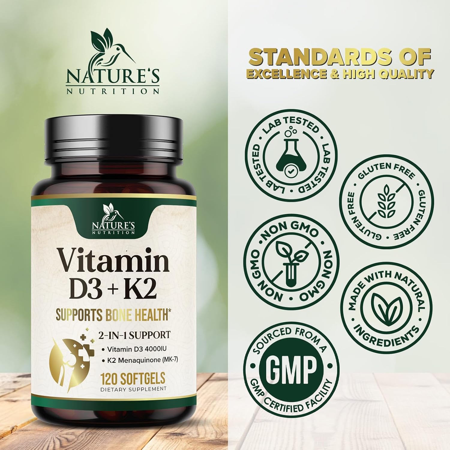 Vitamina D3 4000 UI y K2 100 mcg por Dosis - Suplemento Extra Fuerte para Huesos, Corazón y Músculos - Apoyo Inmune y Absorción de Calcio con Aceite de Oliva - Sin OGM - 120 Cápsulas Blandas