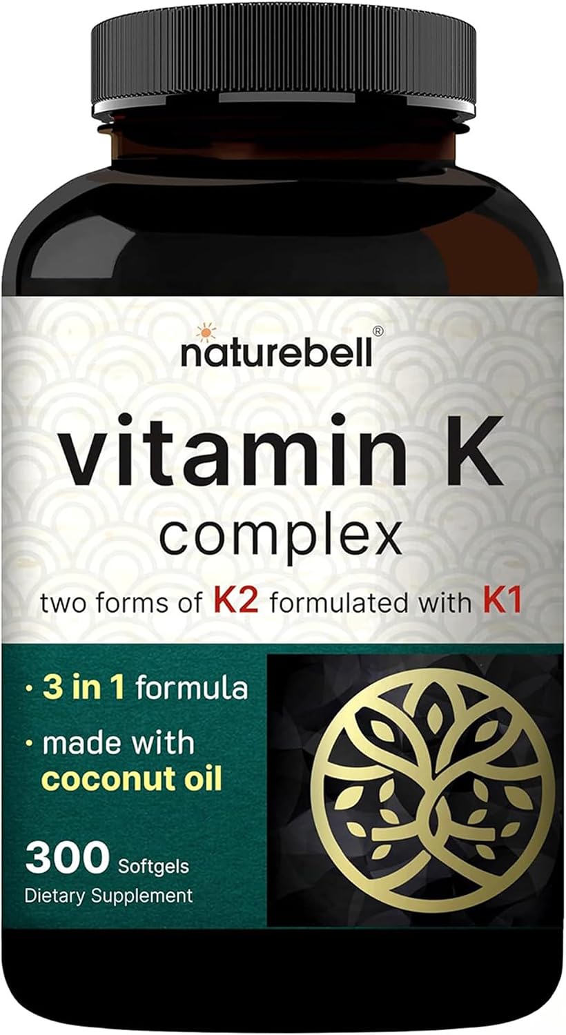 NatureBell Complejo de Vitamina K - 300 Cápsulas Blandas - 2600mcg de Vitamina K - Espectro Completo K1 y K2 MK-4 y MK-7