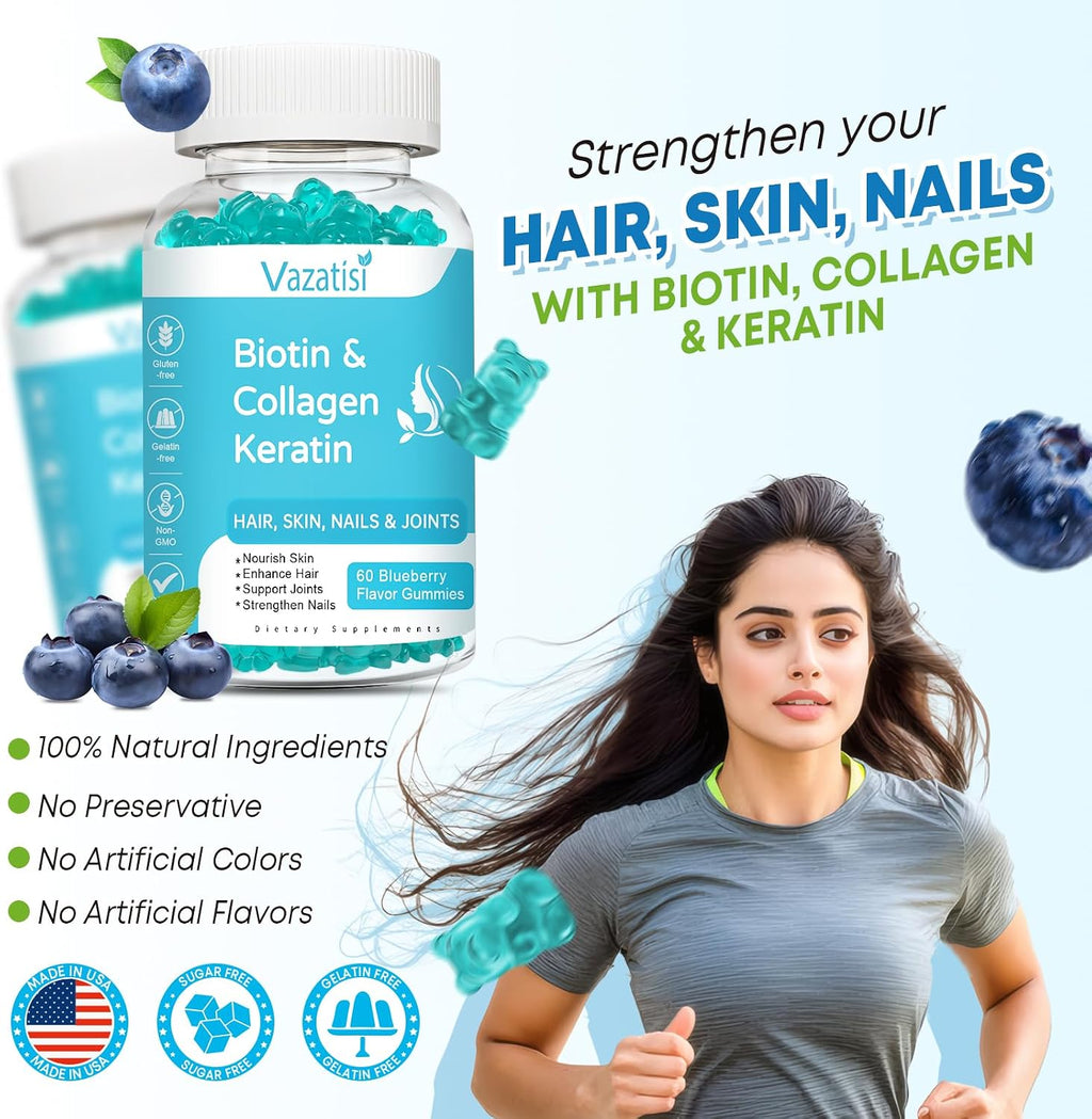 Vazatisi Gominolas de Biotina con Colágeno y Queratina para Cabello, Piel y Uñas - 60 unidades Sabor Arándano Azul