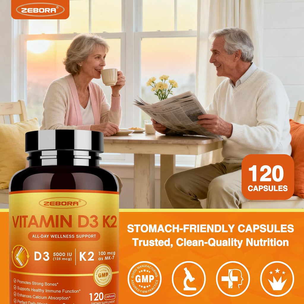 ZEBORA Vitamina D3 K2 5000 UI, 6 en 1 con Magnesio, Calcio, Fósforo y Vitamina C, 120 Cápsulas