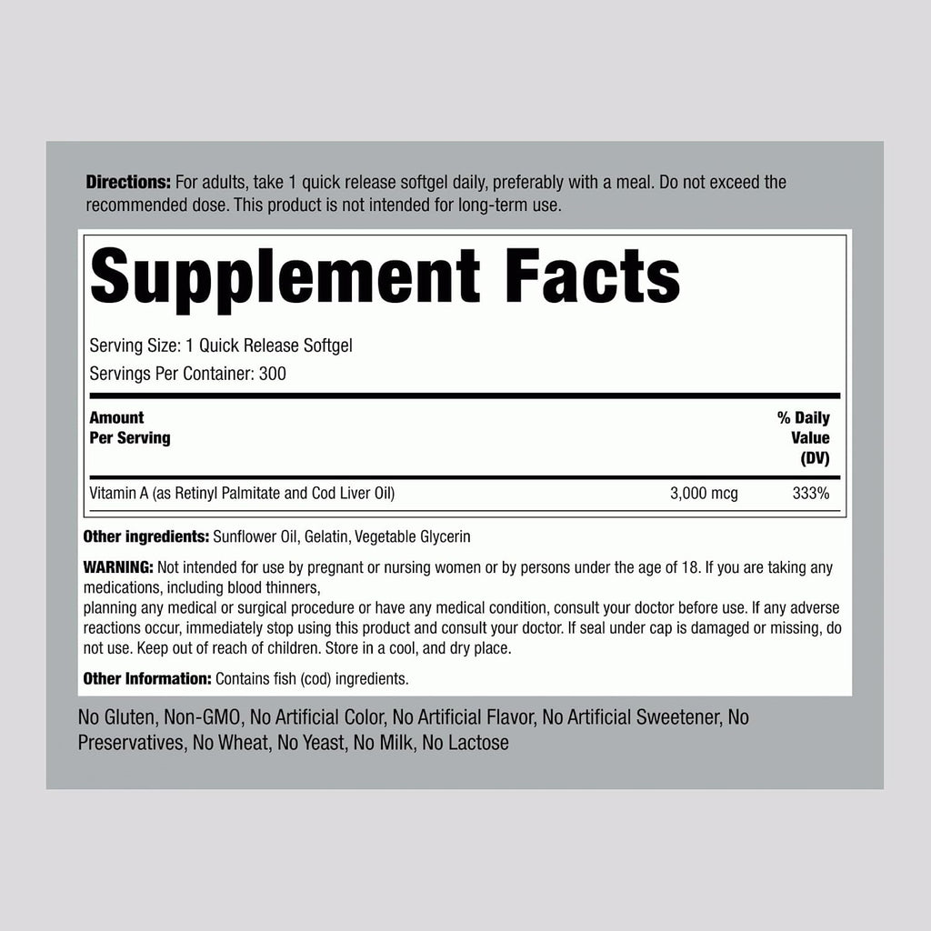 Piping Rock Vitamina A 10000 UI Softgels | 300 unidades | Suplemento No-GMO, Sin Gluten