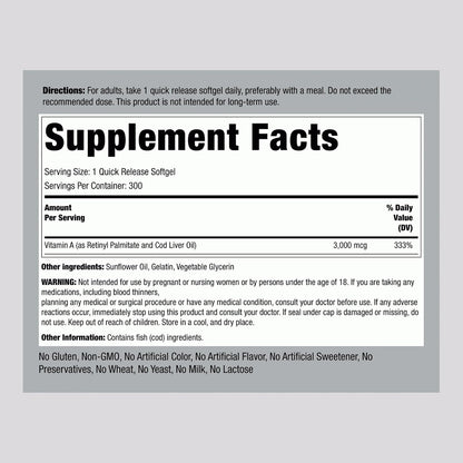 Piping Rock Vitamina A 10000 UI Softgels | 300 unidades | Suplemento No-GMO, Sin Gluten – Image 2