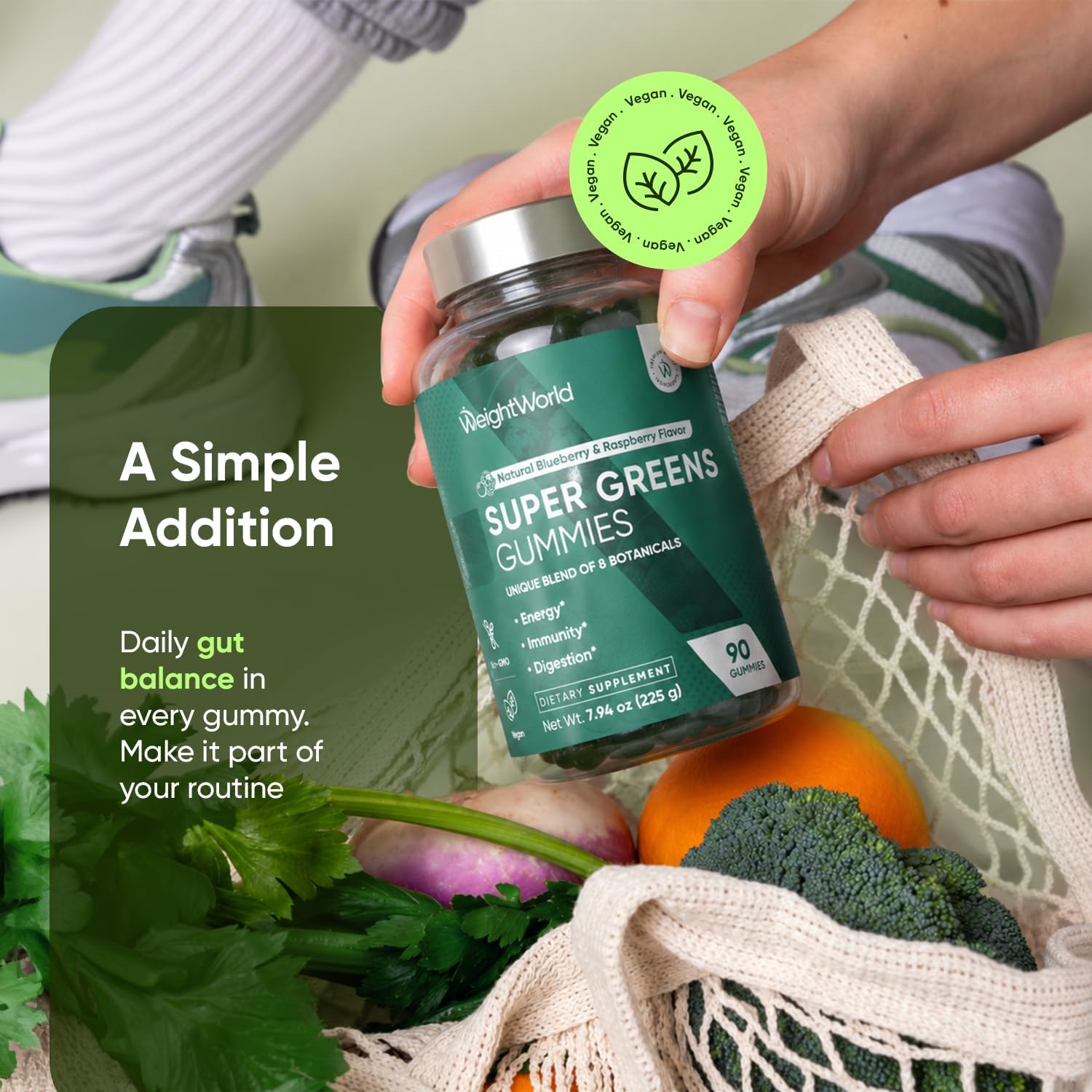 WeightWorld Super Greens Gummies - Energía, Inmunidad y Salud Digestiva - 90 Gominolas Veganas de Superalimentos