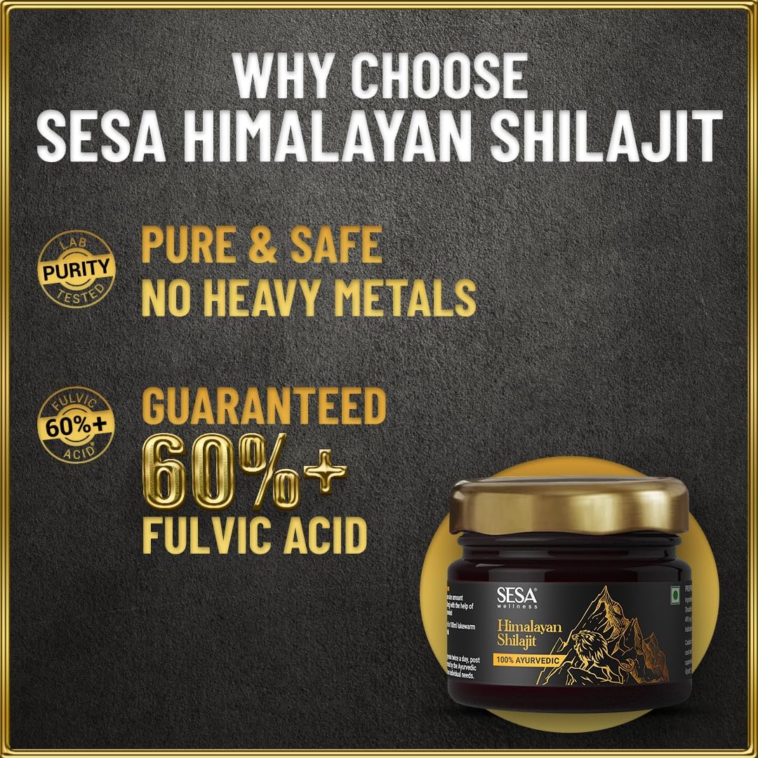 Sesa Himalayan Shilajit Resin – 100% Ayurvédico, 50 dosis de 400 mg con 80+ Minerales Traza y Ácido Fúlvico