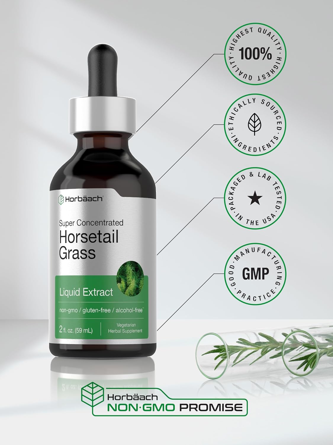 Horbäach Extracto Líquido de Cola de Caballo | Sin Alcohol | 2 fl oz | Vegano, No-GMO y Sin Gluten