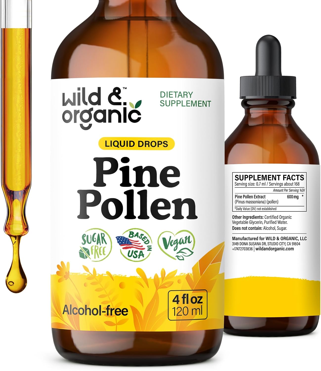 Wild & Organic Pine Pollen Tincture - Tintura de polen de pino ecológica - Extracto puro de Pinus Massoniana - Vegano, sin alcohol ni azúcar - 118 ml