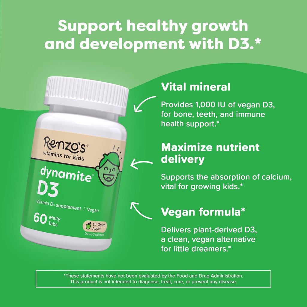 Renzo's Dynamite D3: Vitamina D3 para niños, 60 comprimidos disolventes sin azúcar sabor manzana verde