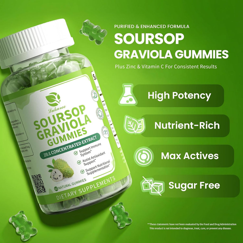 Lukaree Gominolas de Soursop Graviola - 2 Paquetes - Extracto Concentrado con Vitamina C y Zinc - 60 Gominolas