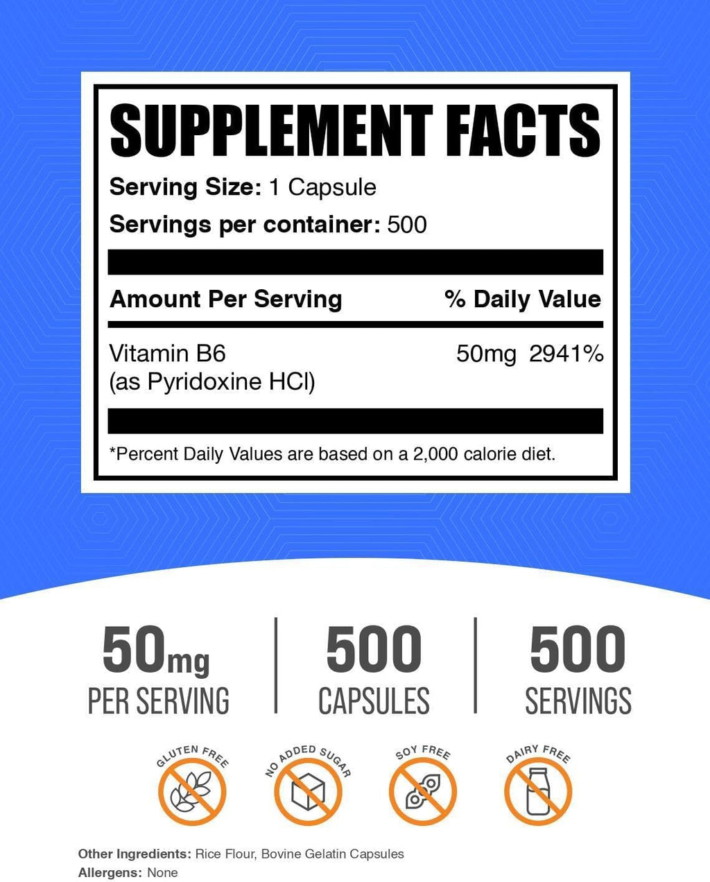 Vitamina B6 (Piridoxina HCl) 50mg Cápsulas - 500 Cápsulas