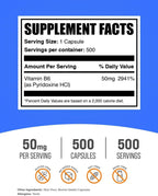 Vitamina B6 (Piridoxina HCl) 50mg Cápsulas - 500 Cápsulas