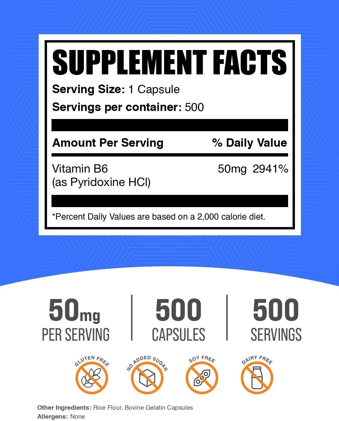 Vitamina B6 (Piridoxina HCl) 50mg Cápsulas - 500 Cápsulas