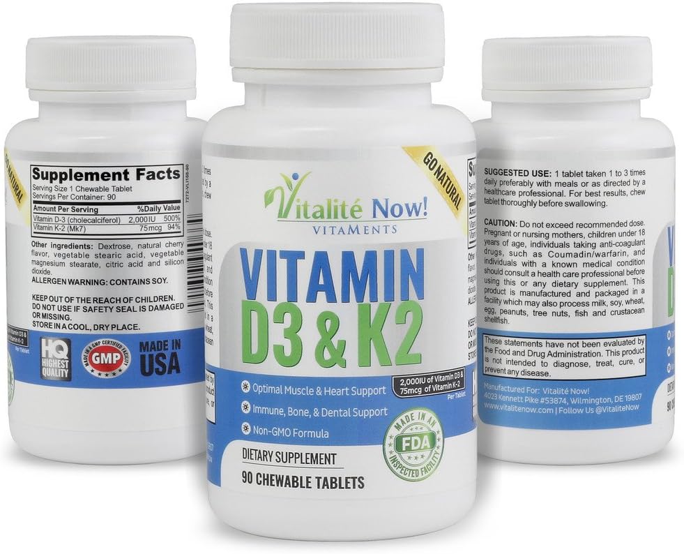 Vitalité Now! Vitamina D3 2000 UI + K2 MK7 - 90 Comprimidos Masticables - Sabor Cereza