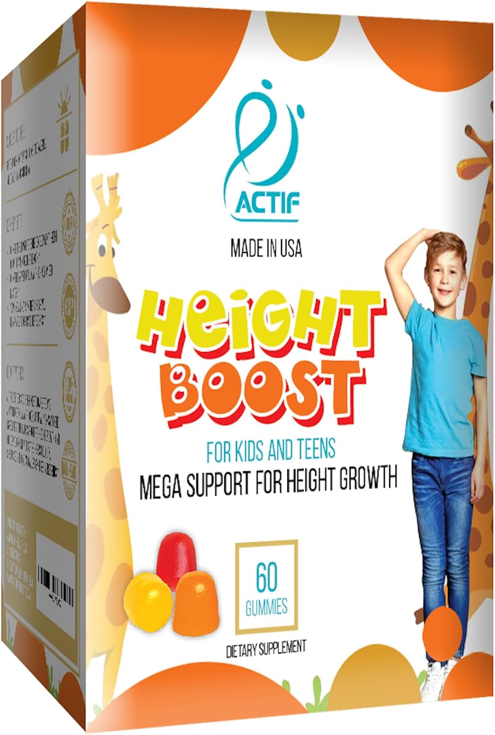 Actif Height Boost - 60 Gummies de Fresa - Suplemento de Crecimiento para Niños y Adolescentes con Vitaminas D3, K2, Zinc y Magnesio