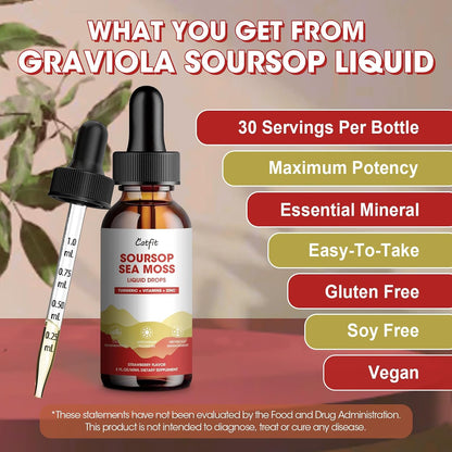 Catfit Soursop Graviola Liquid Drop – Gotas Líquidas de Guanábana con Musgo Marino, Cúrcuma y Zinc, Sabor Fresa, 60 ml