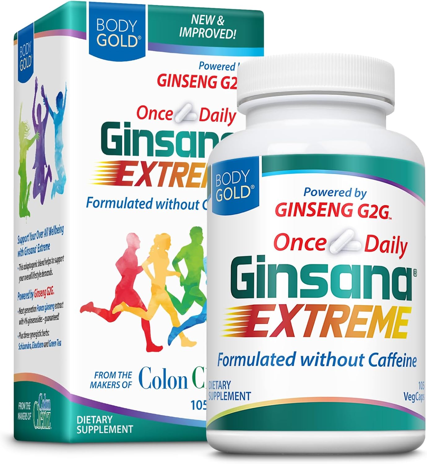 Body Gold Ginsana Energy – Extracto de Panax Ginseng con Schizandra, Eleuthero y Té Verde (105 Cápsulas Veganas)