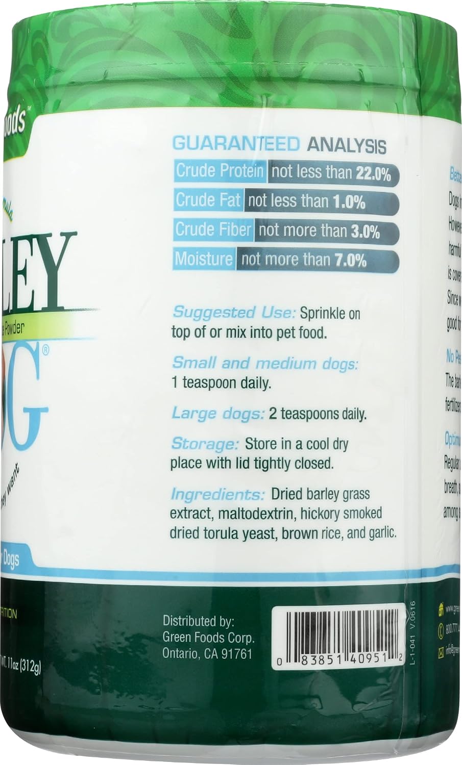 Green Foods Cebada para Perros, 311 g (11 oz)