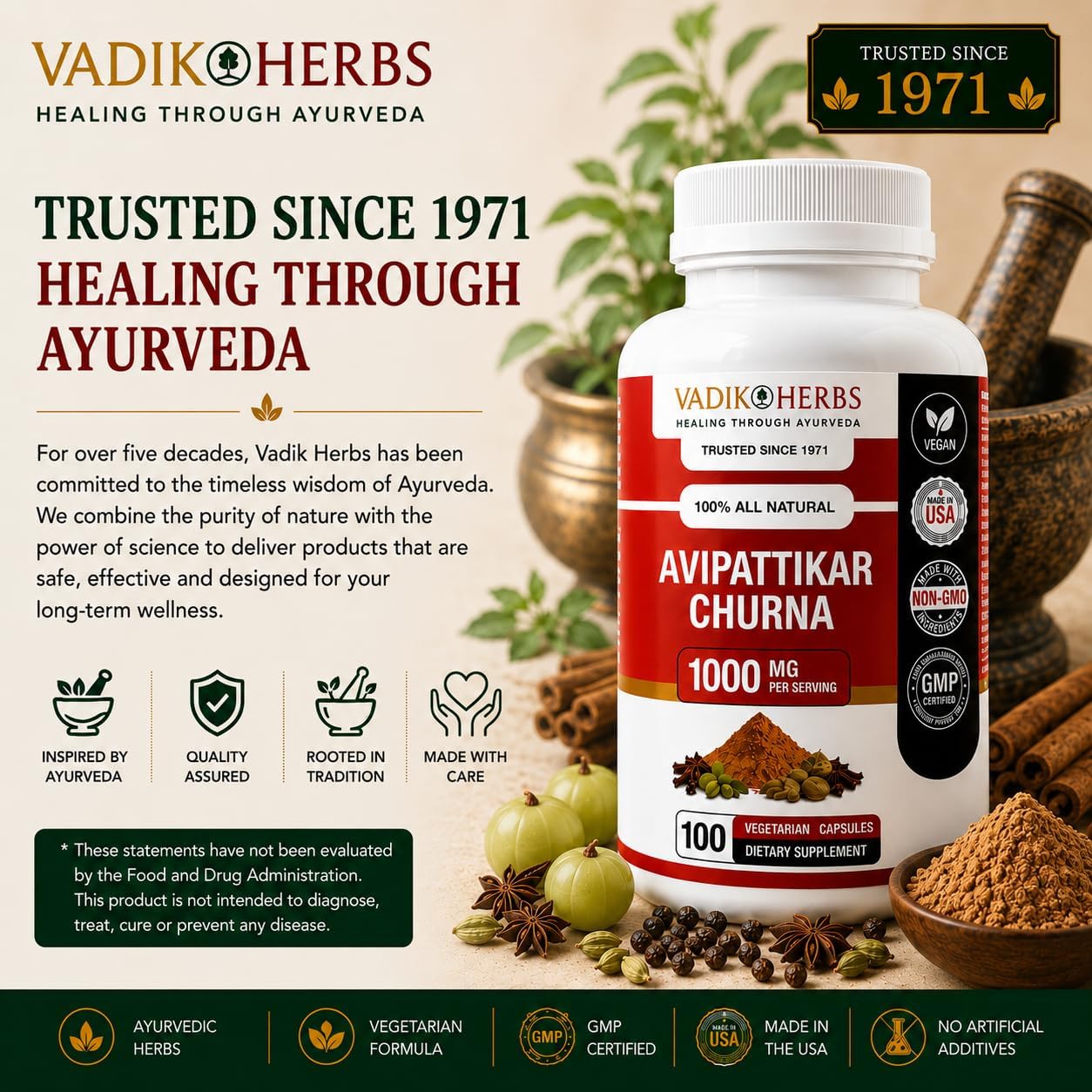 Vadik Herbs Avipattikar Churna, Amla Capsules con Pippali & Ginger - 100 Cápsulas