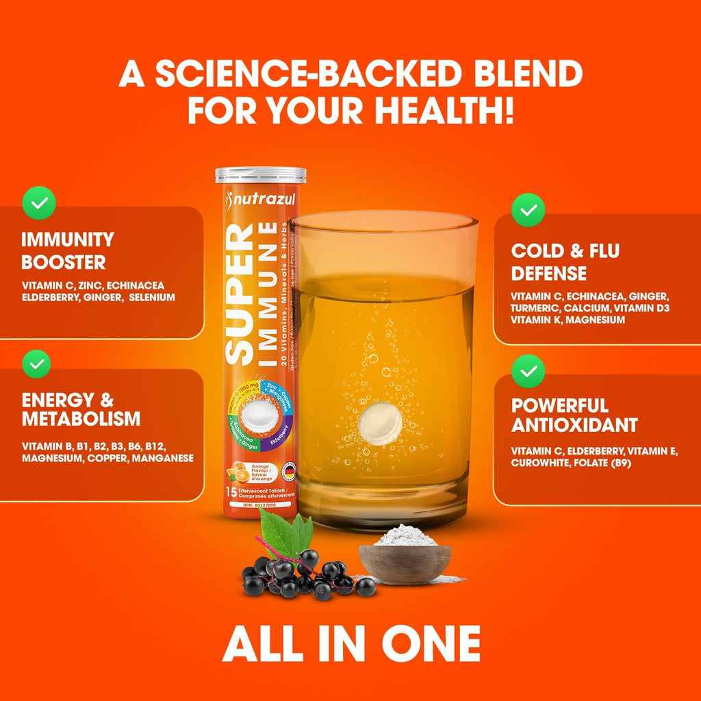 nutrazul Super Immune 30 comprimidos efervescentes – 20 vitaminas y minerales, extractos de saúco y equinácea, Vitamina C, Zinc, sin gluten, sin azúcar, sabor naranja
