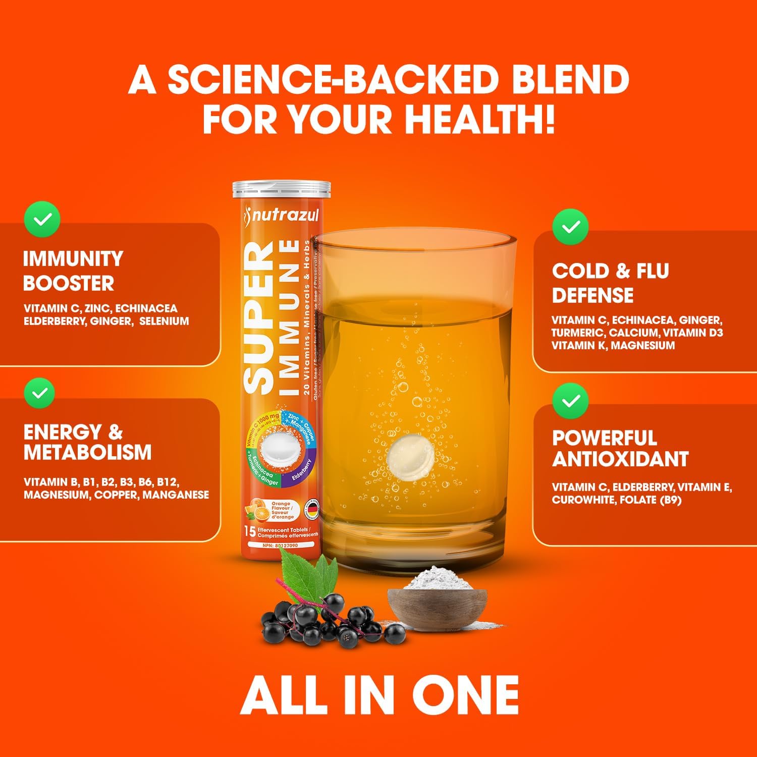nutrazul Super Immune 30 comprimidos efervescentes – 20 vitaminas y minerales, extractos de saúco y equinácea, Vitamina C, Zinc, sin gluten, sin azúcar, sabor naranja