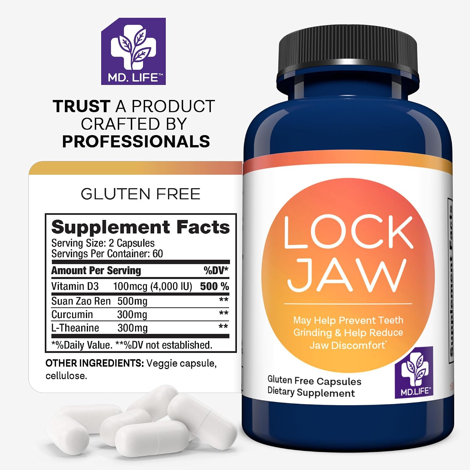 MD.LIFE Lock Jaw Assistance - Suplemento para Alivio de la Mandíbula - 60 Cápsulas Veganas - Doble Potencia
