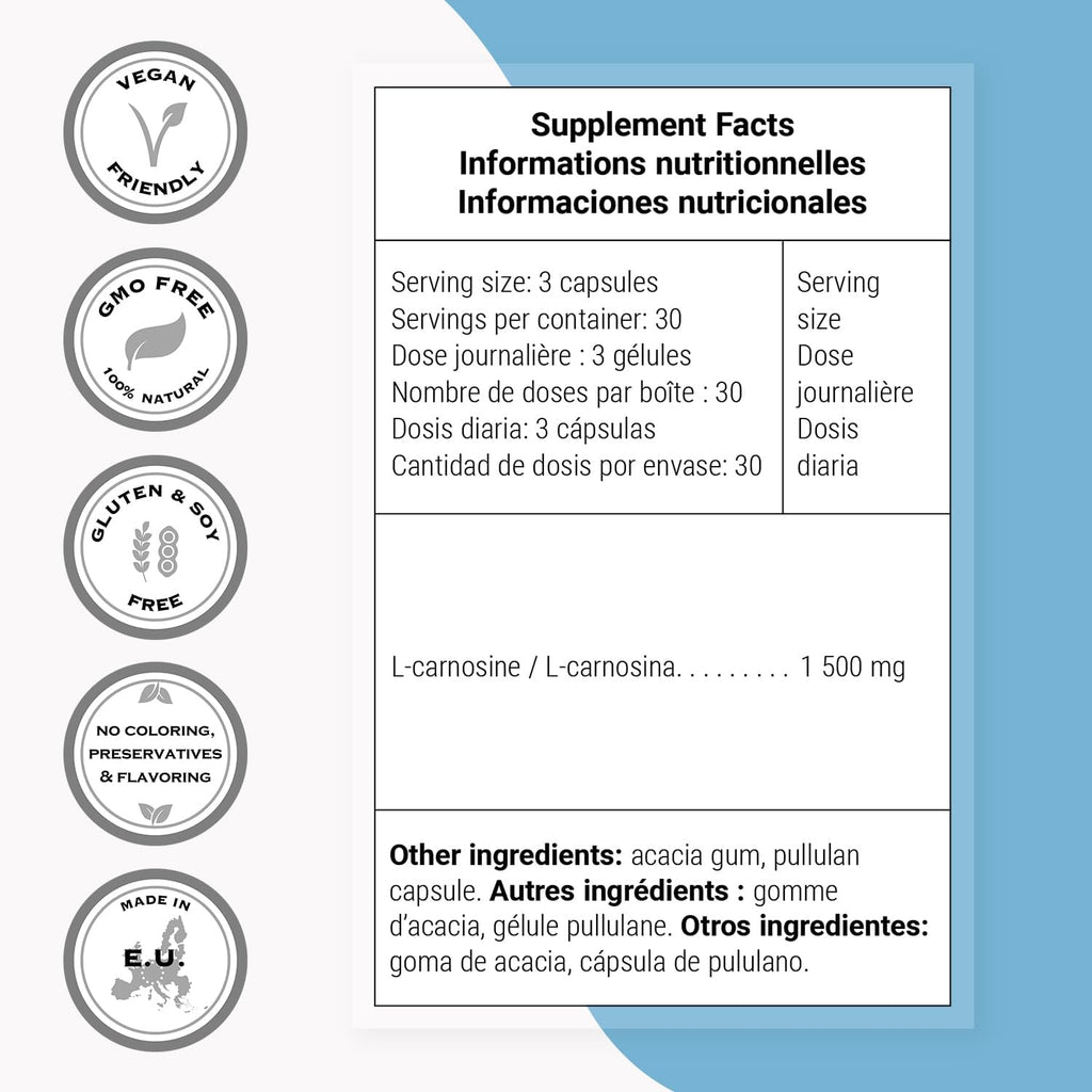 Supersmart - Carnosina 1500mg al día (Alta Potencia) - Suplemento de L-Carnosina dipéptido | Non-GMO - 90 Cápsulas Vegetarianas